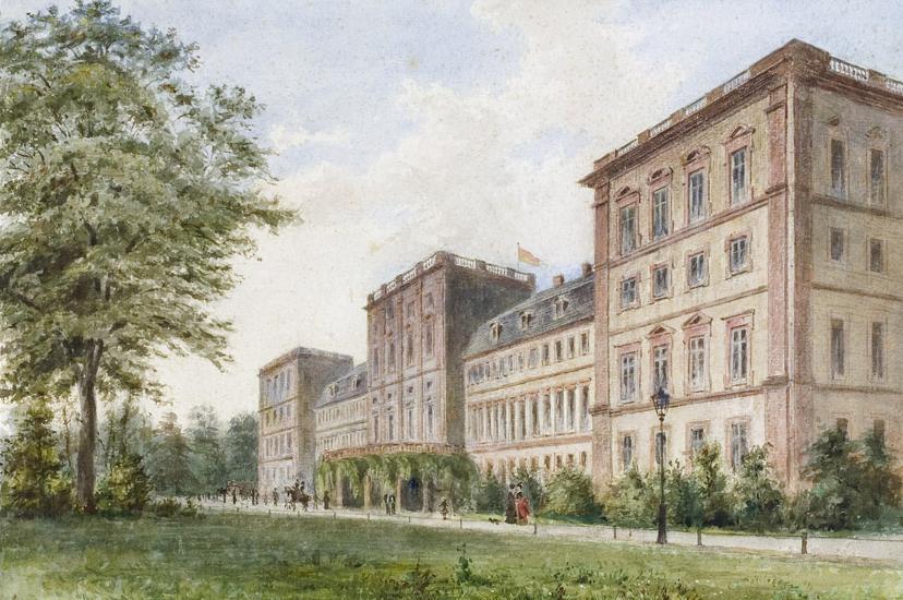 Watercolor of a view from the garden side of Mannheim Palace, circa 1890