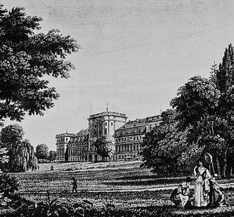 Ansicht des Schlosses Mannheim von Süden, Kupferstich von Schnell nach Fries, um 1830