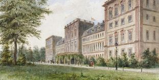 Watercolor of a view from the garden side of Mannheim Palace, circa 1890.