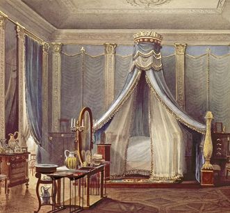 Schlafzimmer in der ehem. Wohnung der Großherzogin Stéphanie  in Schloss Mannheim, Aquarell von Pieter Francis Peters, 1842