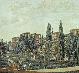 Mannheim Palace with its landscape garden, watercolor by J.P. Karg, 1819