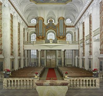 Interior of the palace chapel of Mannheim with the "Visitation of Mary" ceiling painting