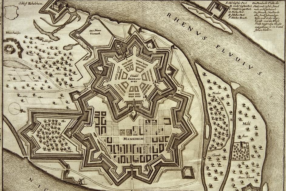 Stadt und Zitadelle Mannheim, Kupferstich von Matthäus Merian, 1. H. 17. Jahrhundert