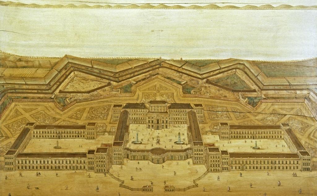 Fortified complex and palace in Mannheim, inlaid image circa 1725