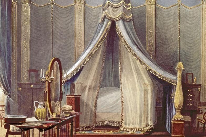 Schlafzimmer in der Wohnung Stéphanies von Baden im Schloss Mannheim, Aquarell von Pieter Francis Peters, 1842