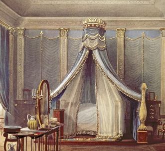 Schlafzimmer in der Wohnung Stéphanies von Baden im Schloss Mannheim, Aquarell von Pieter Francis Peters, 1842