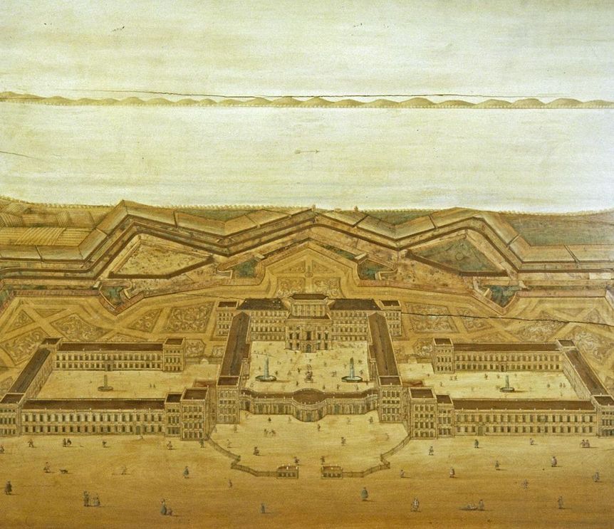 Barockschloss Mannheim, Intarsienbild mit Schloss und Befestigungsanlagen nach Jean Clemens Froimont, um 1725