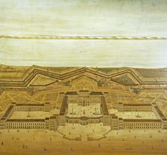 Mannheim Palace and fortification, inlaid image circa 1720, based on an architectural drawing by Jean Clemens Froimon