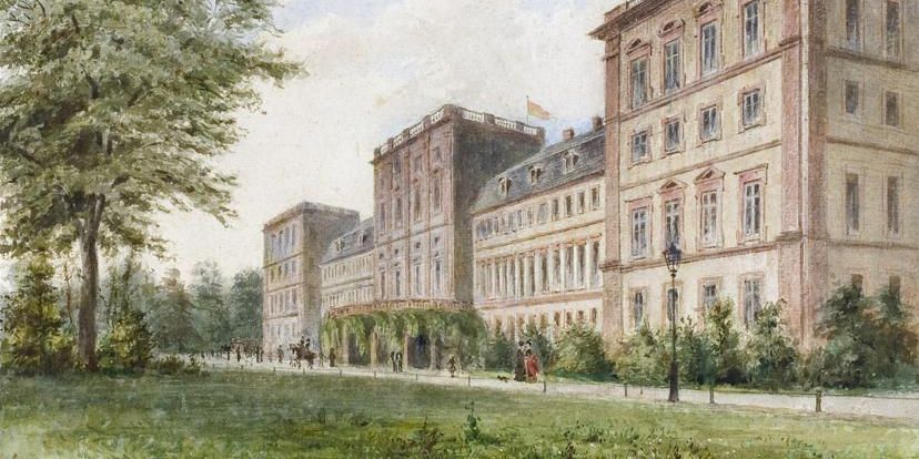 Watercolor of a view from the garden side of Mannheim Palace, circa 1890.