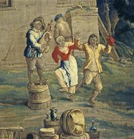 Foto: Staatliche Schlösser und Gärten Baden-Württemberg, Armin Weischer Tapisserie mit Tanzenden aus dem Barockschloss Mannheim